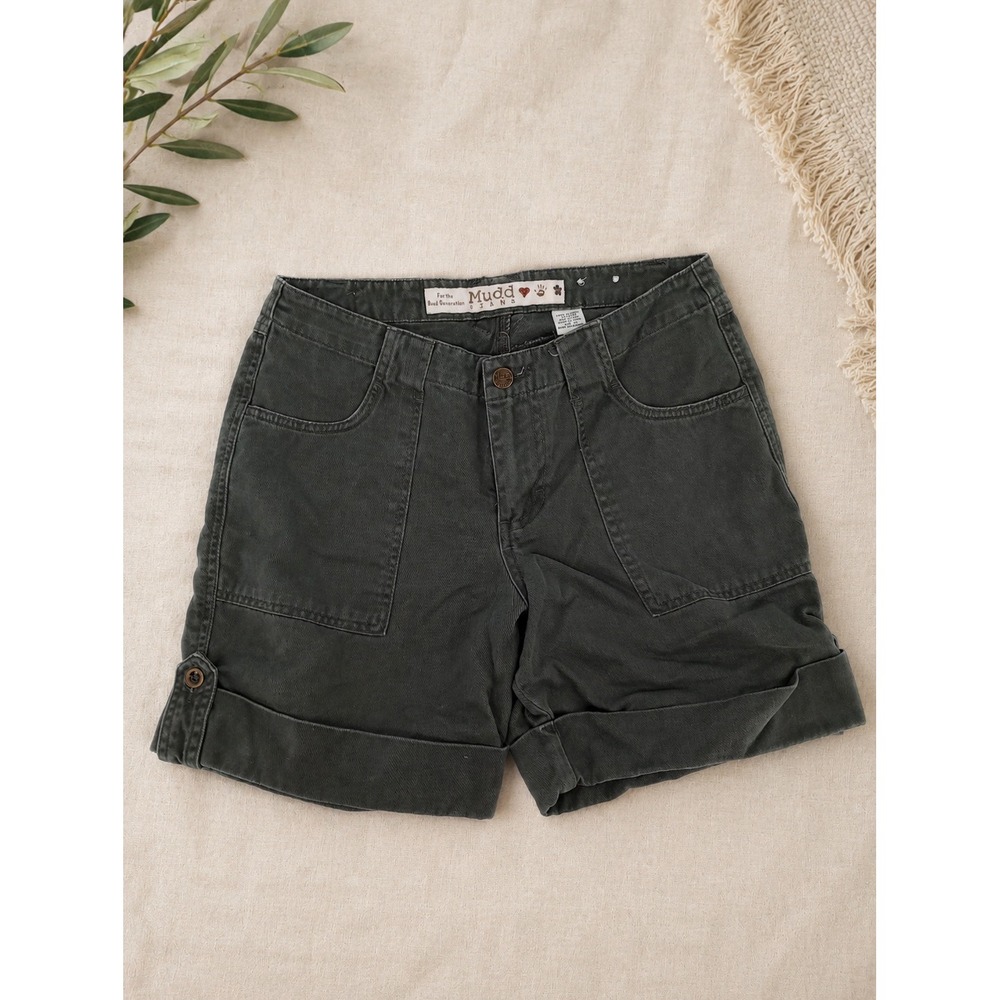 Mudd Utility Shorts Womens Size S Olive Green Gray Cuffed Cargo Pockets Twill